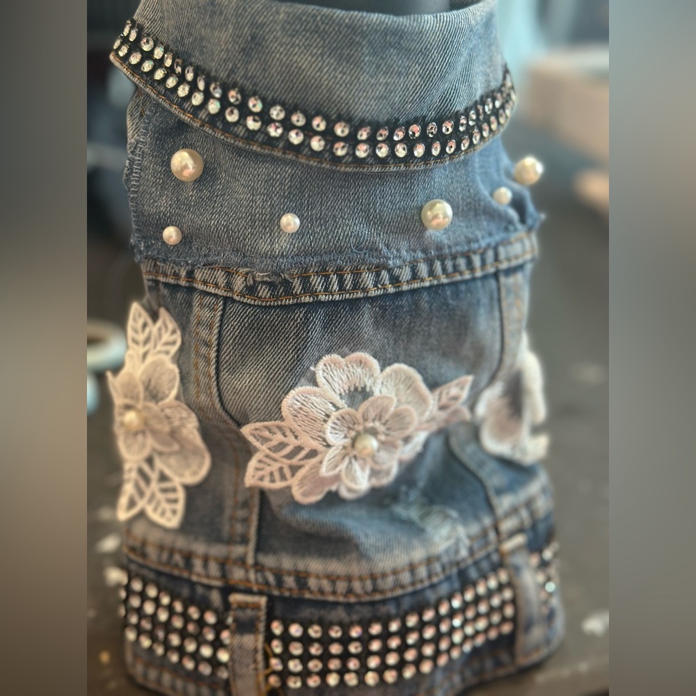 Pet jacket Embellished Denim Vest with Pearls and Lace